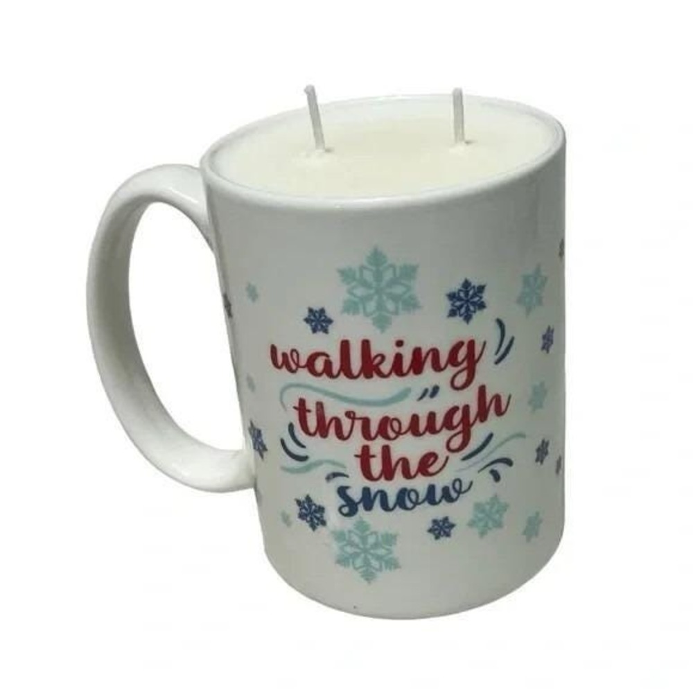 Christmas Wreath Scented Candle Handmade 18 oz White Snowflake Coffee Mug A56